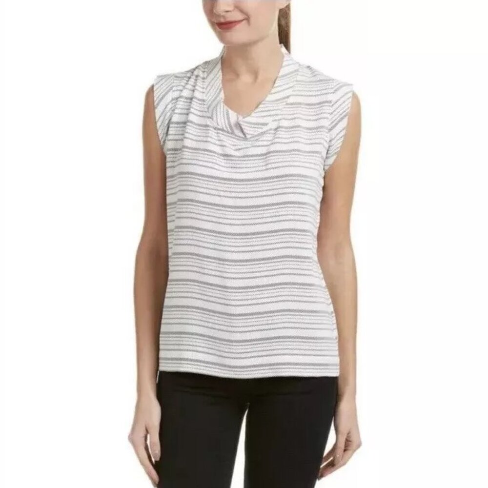 CAbi Top XS Madeline Black/White Stripe Mock Neck Raw Hem 236